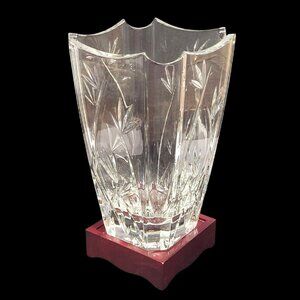 Waterford Crystal Flower Vase 10'' Bamboo Collection Wood Base 10'' T Vintage